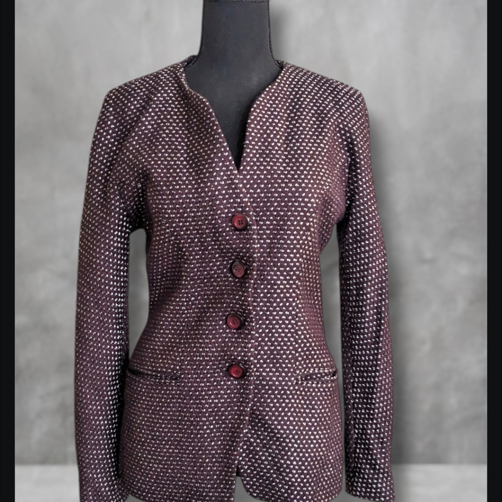 Tahari Wool Cashmere Maroon Collarless Jacquard Blazer Jacket Polka Dot